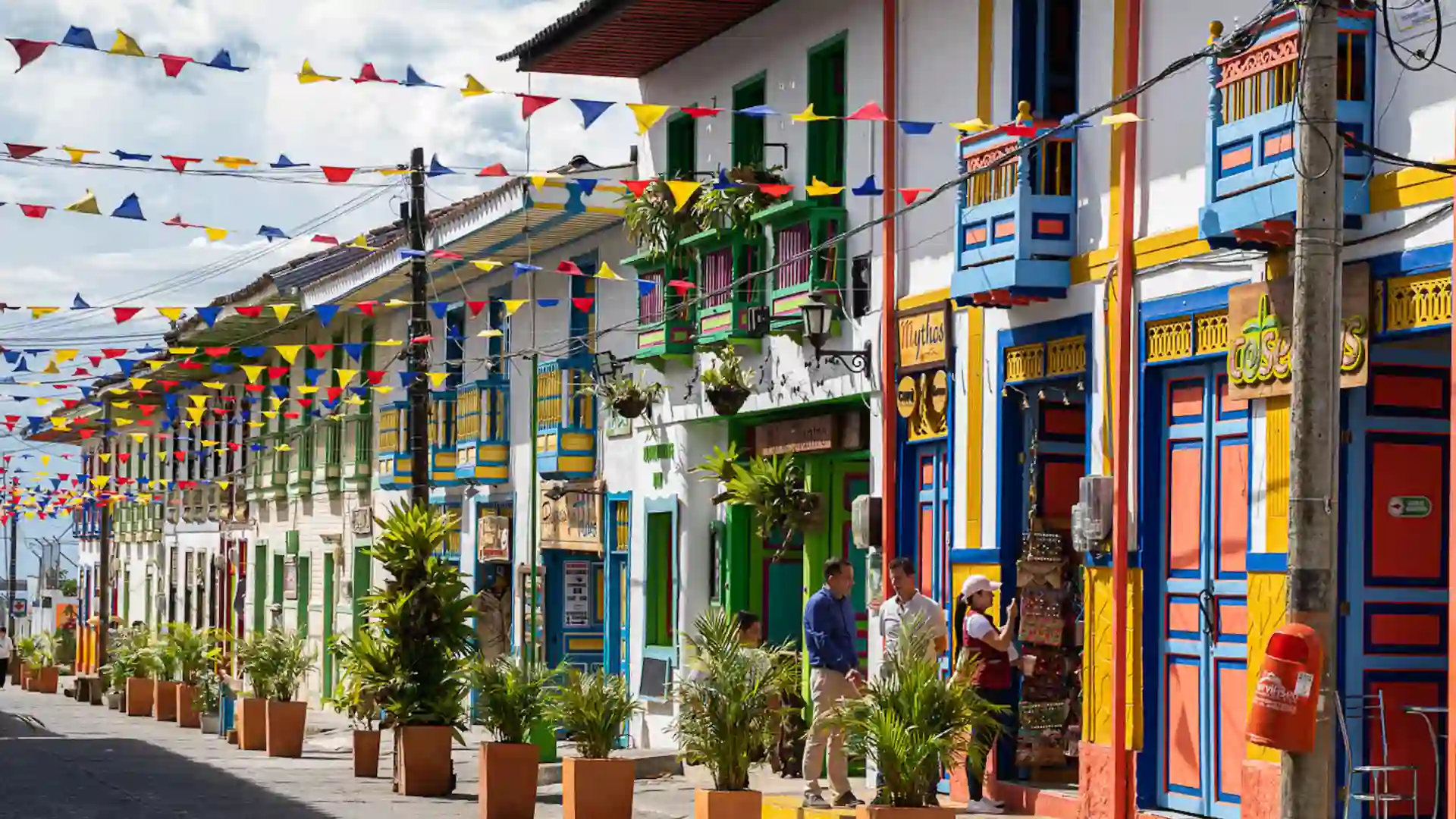Vista panorámica aérea del pueblo de Filandia, Quindío, con sus fachadas coloridas y las montañas del Eje Cafetero