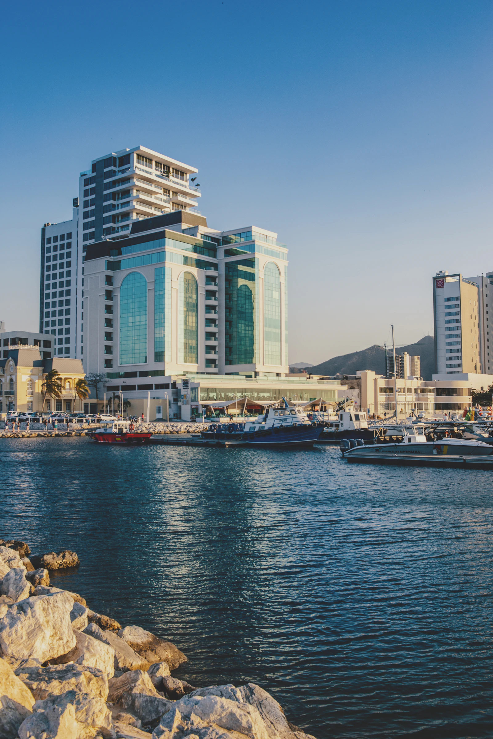 Santa Marta Malecón waterfront promenade with the Caribbean Sea and Sierra Nevada mountains in the background